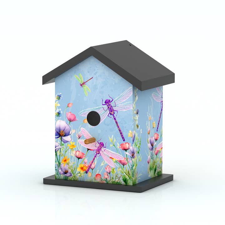 Painted Wooden Bird House with Dragonfly Print — Blue