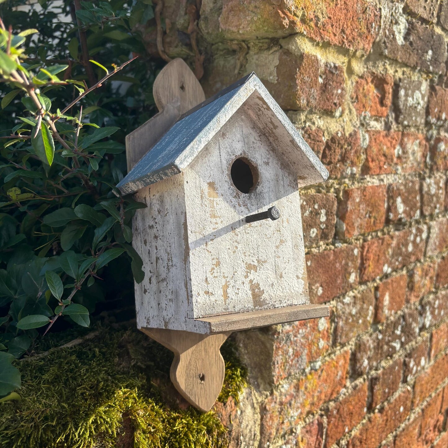 White Wooden Birdhouse on Decorative Plaque with Blue Roof — 35cm