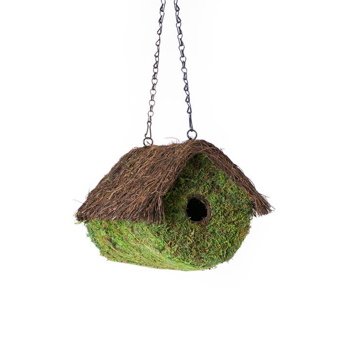 Woven Moss Bird House with Sloped Twig Roof — Green