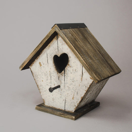 White Wooden Birdhouse with Heart Cut-Out and Weathered Finish — 19.7cm