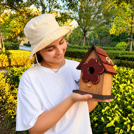 Small Wooden Birdhouse with Red Flower Entrance – Natural & Red, view 2 of 5