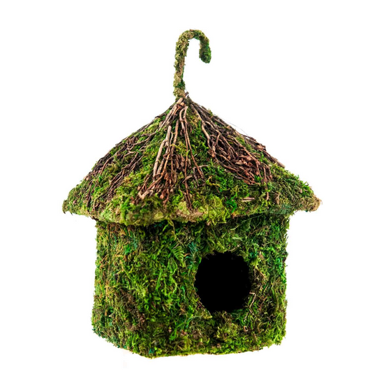 Decorative Moss Bird House with Twig Roof — Green