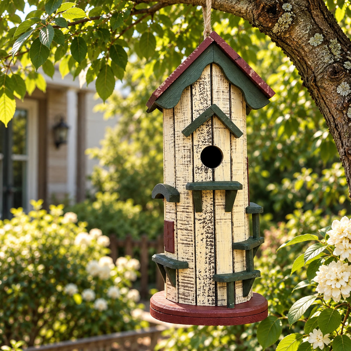 Tall Hanging Birdhouse, White with Red Roof – 20.1 in Bird House