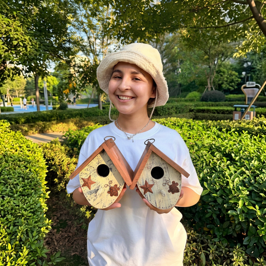 Set of 2 Small Wooden Birdhouses, Cream with Star & Flower, view 2 of 12