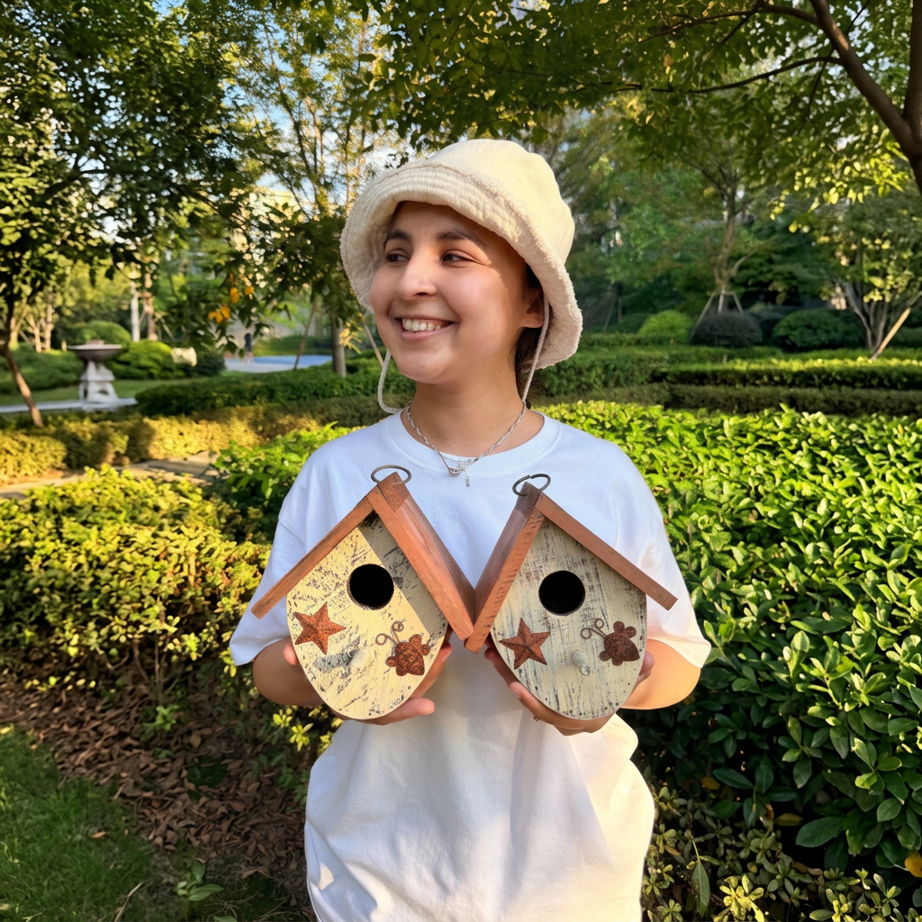 Full-height photo holding both birdhouses, extended sideways into a square