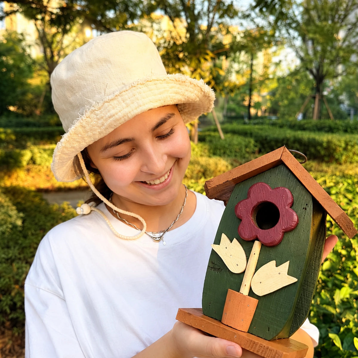 Compact Birdhouse, Green with Mustard Roof – 9.4 in Bird House