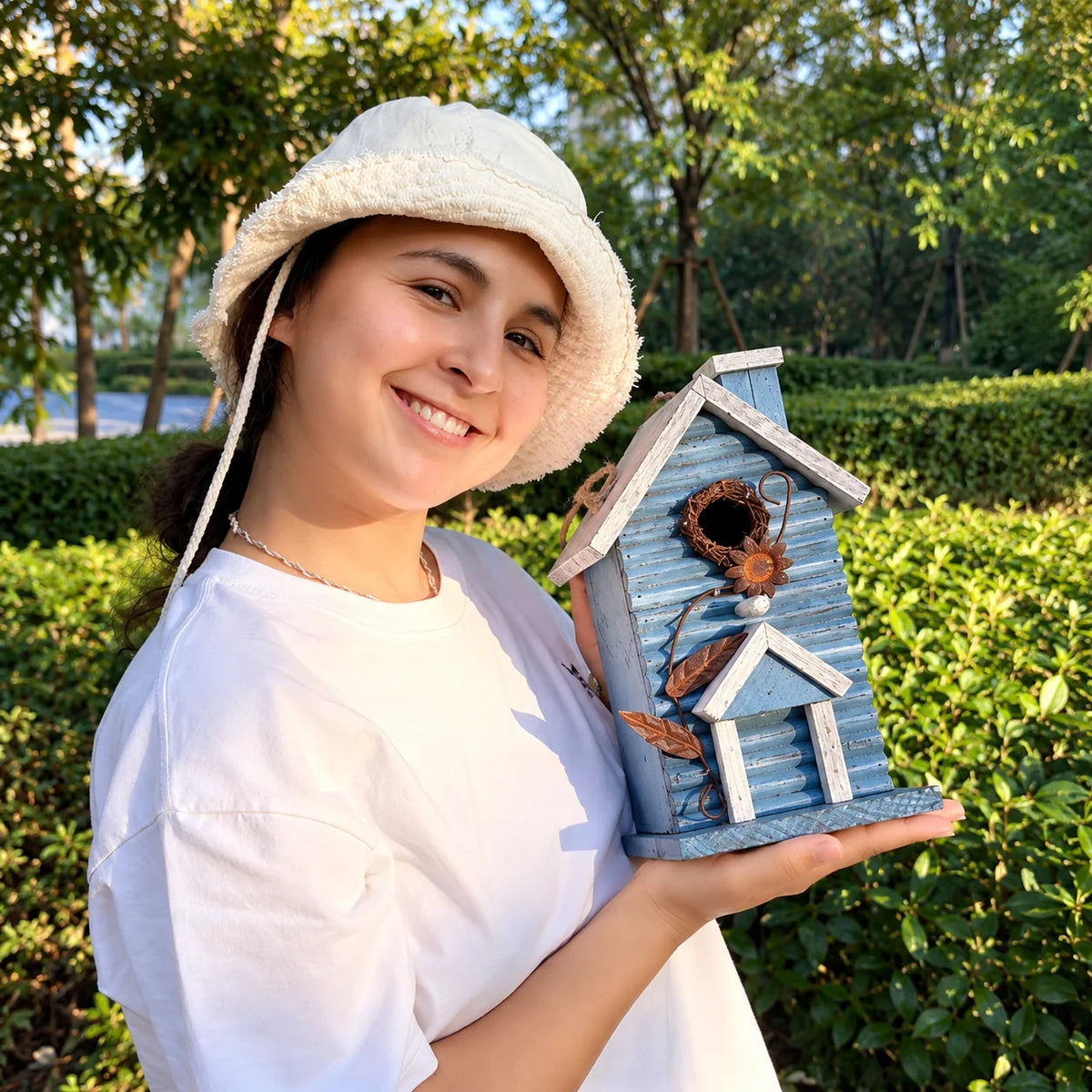 Birdhouse, Blue with White Roof – 11 in Bird House for Garden