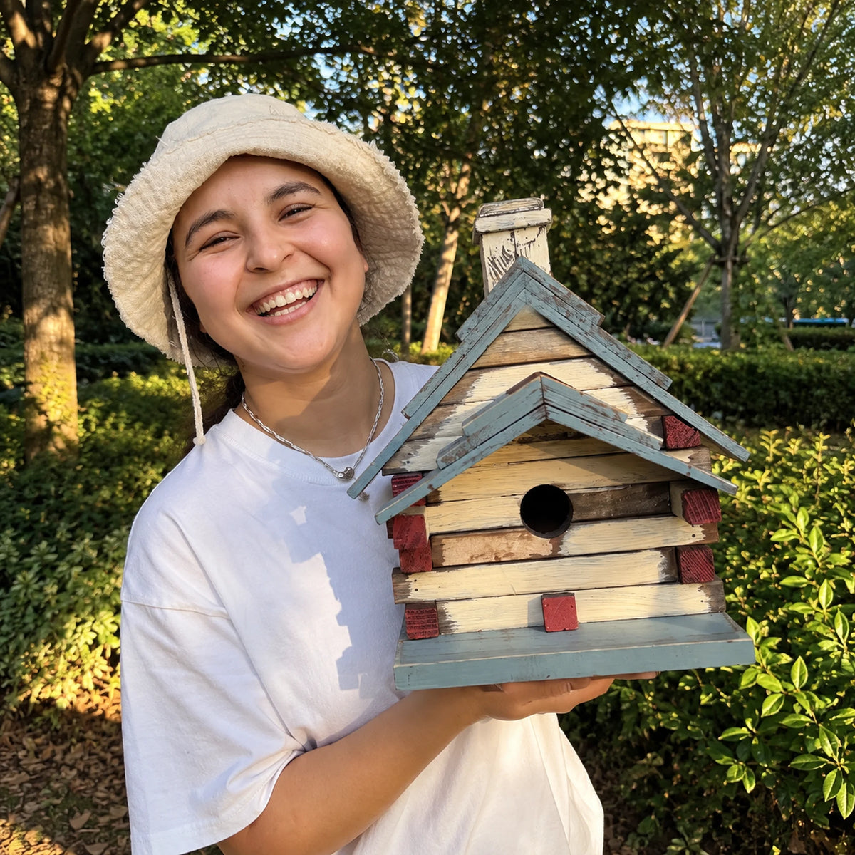 Wide Birdhouse, White with Blue Roof – 12.2 in Bird House
