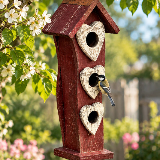 Tall Slim Wooden Birdhouse with 3 Heart Entrances, Burgundy Red, view 2 of 10