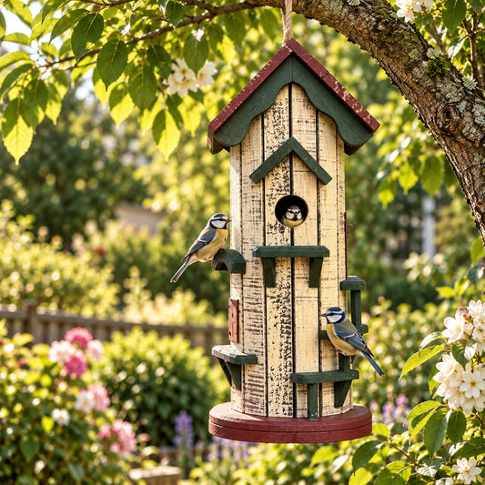 Tall Wooden Birdhouse Tower, Cream with Red & Green Roof – Free-Standing, view 2 of 9
