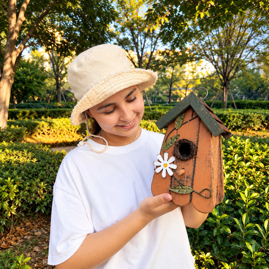 Terracotta Wooden Birdhouse with Daisy & Green Roof, view 2 of 9