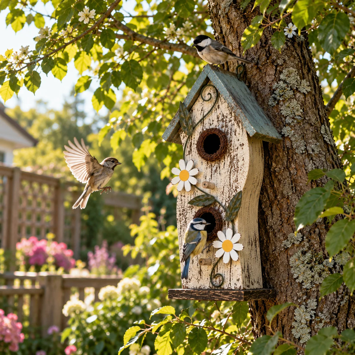 Hanging Birdhouse, White with Blue Roof – 13 in Bird House