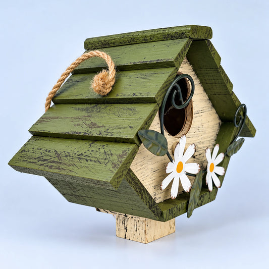 Diamond-Shaped Wooden Birdhouse with Daisies, Cream & Green, view 2 of 6