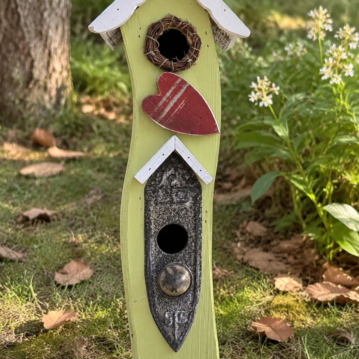 Tall Slim Birdhouse, Green with White Roof – 16.1 in Bird House