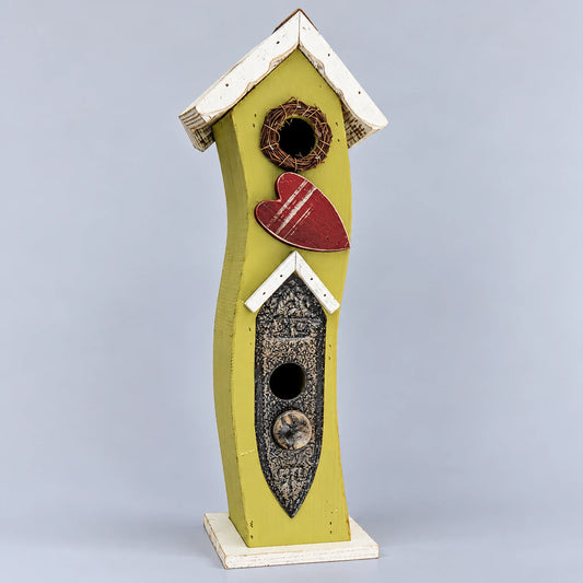 Lime green tall slim birdhouse with red heart