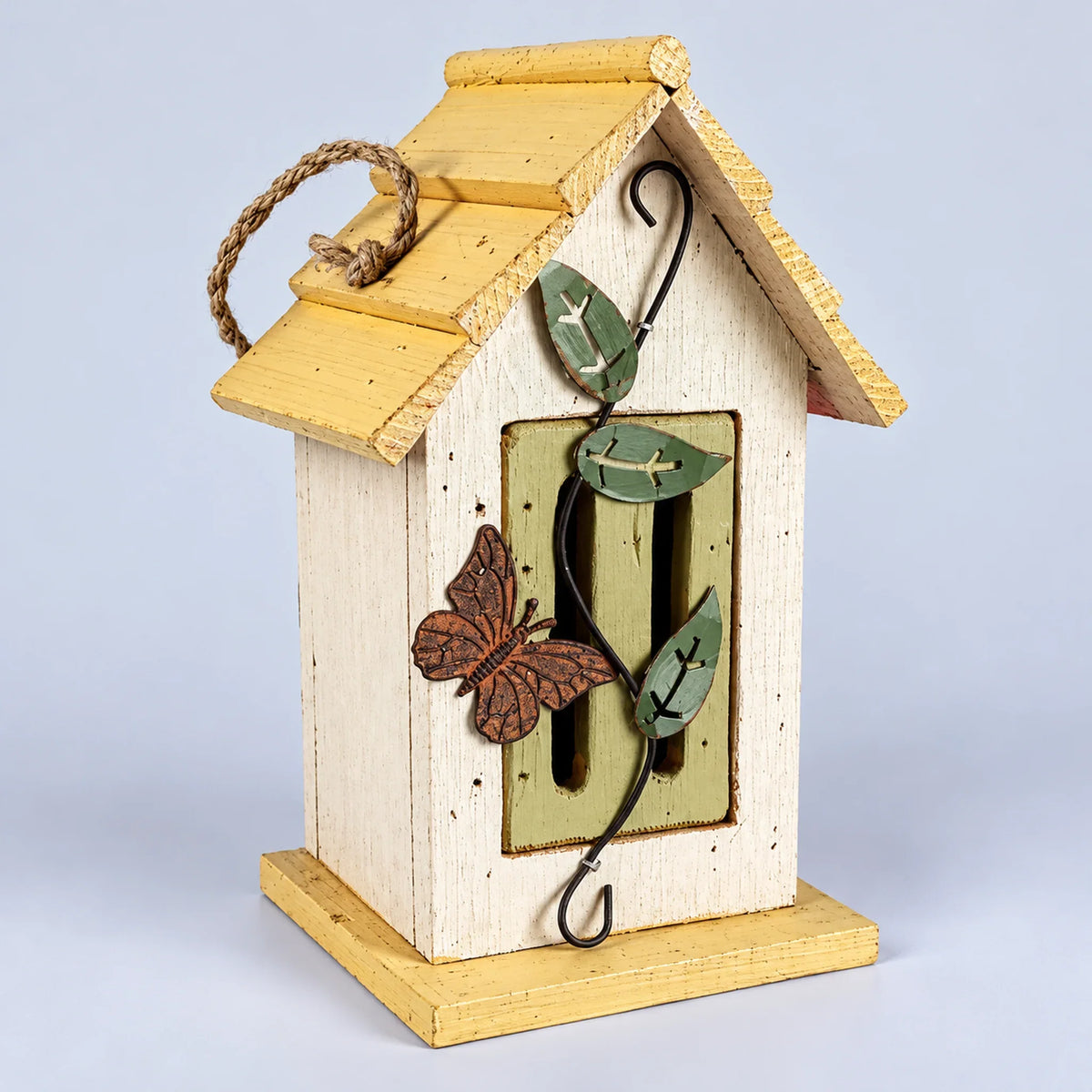Small wooden butterfly house with metal butterfly