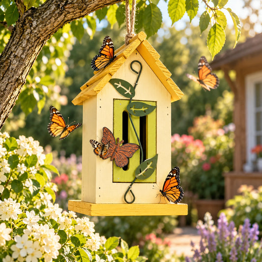 Small Wooden Butterfly House with Metal Butterfly, Cream & Yellow, view 2 of 7