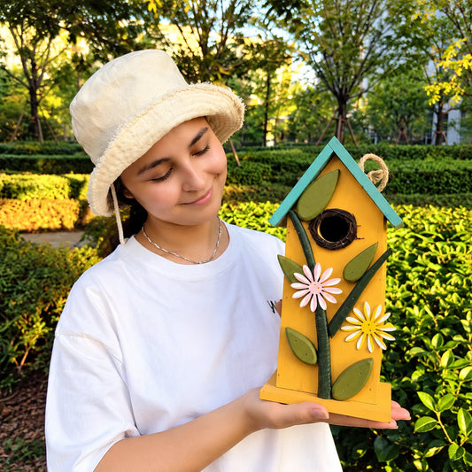 Yellow Wooden Birdhouse with Daisies & Green Roof – Hanging, view 2 of 8