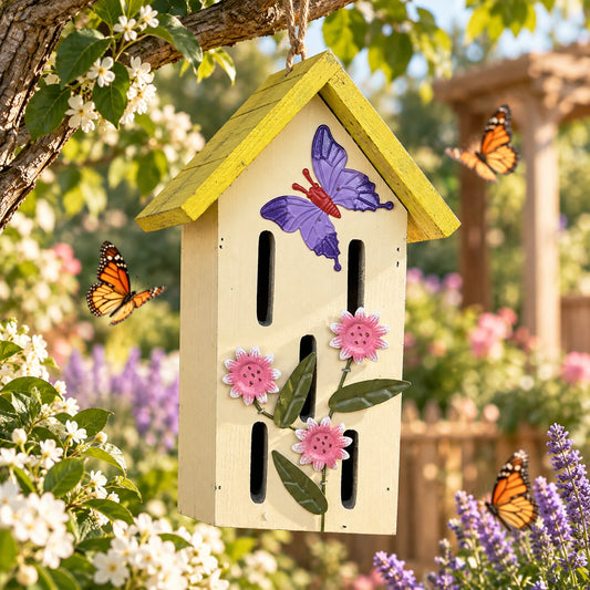 Wooden Butterfly House with Painted Butterfly & Flowers, Cream & Yellow, view 2 of 7