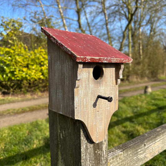 Red Roof Wooden Birdhouse with Weathered Finish — 24cm