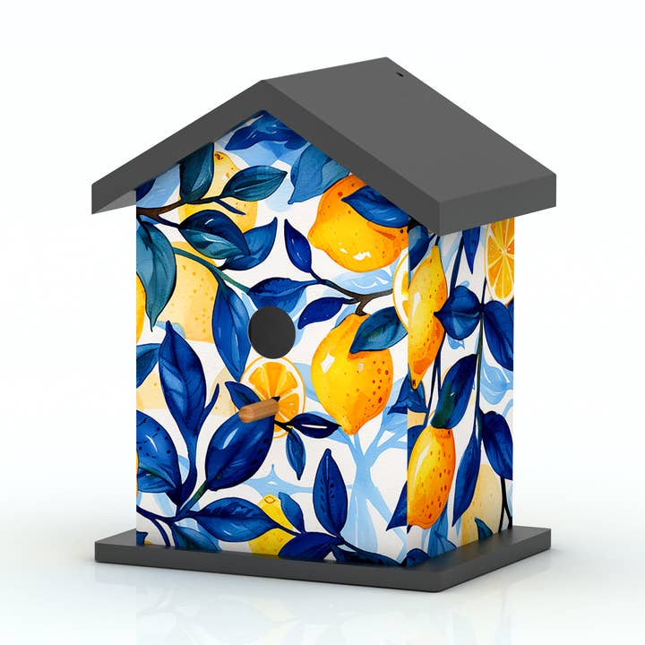 Lemon Print Wooden Birdhouse - Outdoor Garden Bird House