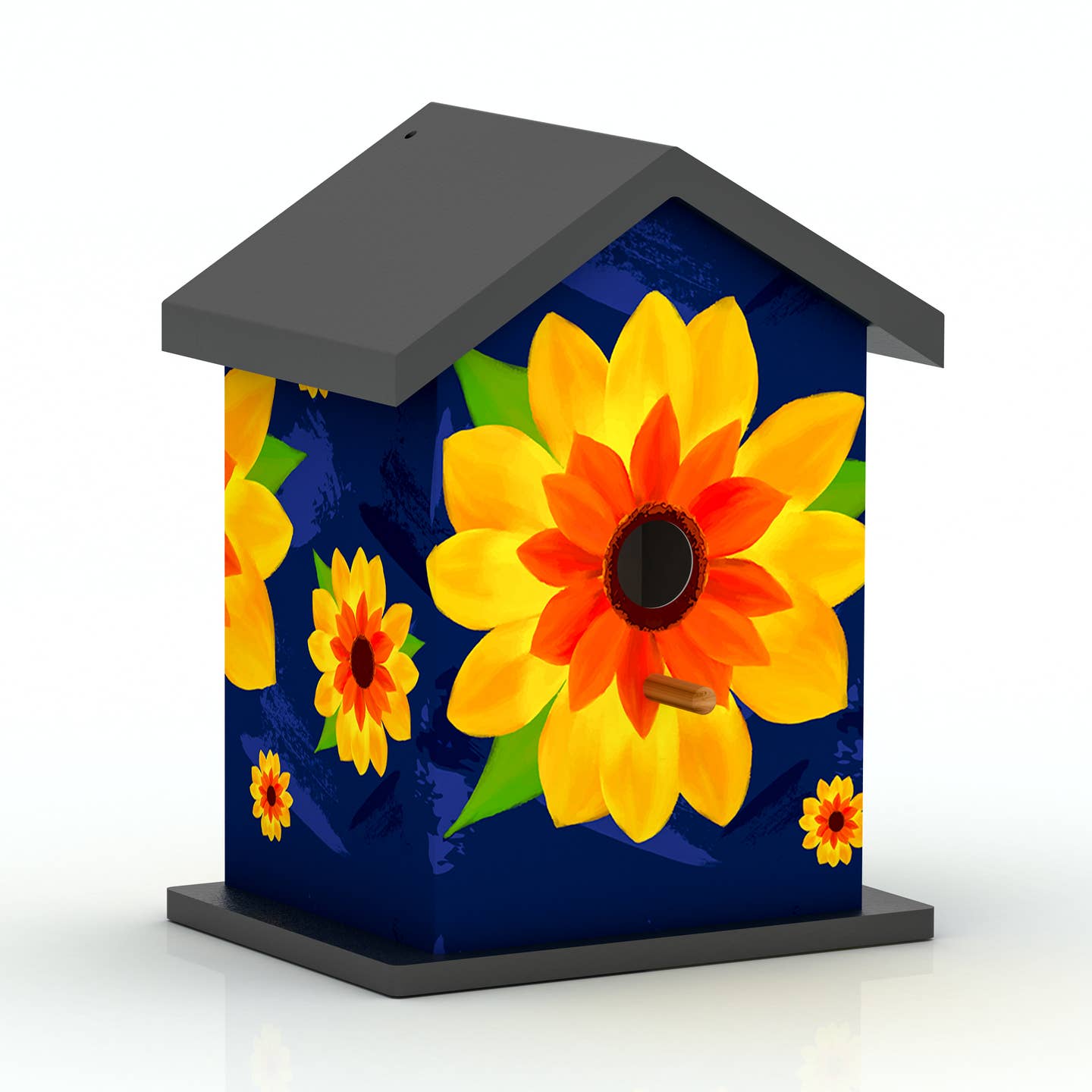 Painted Wooden Bird House with Sunflower Print — Navy Blue