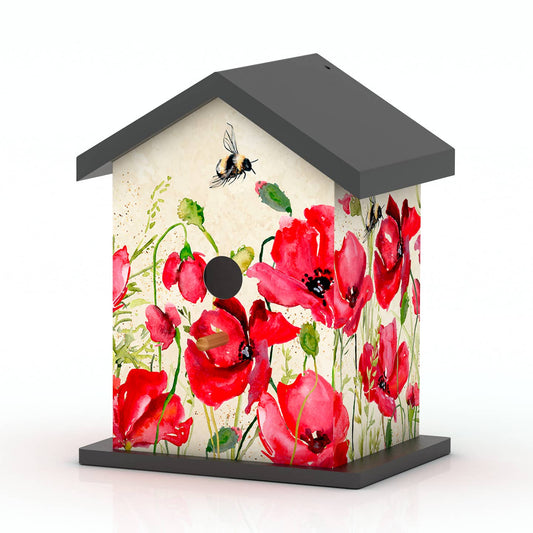 Poppy and Bee Print Wooden Birdhouse - Outdoor Garden Bird House