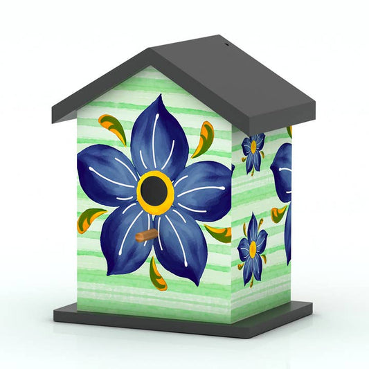 Painted Wooden Bird House with Blue Flower Print — Green