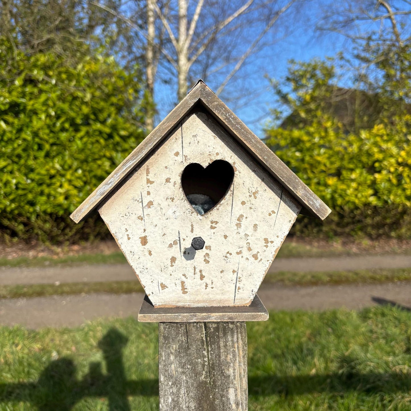 Light Blue Wooden Birdhouse with Heart Cut-Out and Weathered Finish — 19.7cm