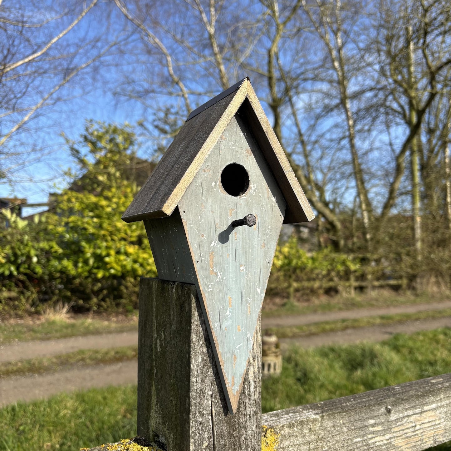 Blue Diamond-Shaped Wooden Birdhouse with Natural Roof — 30cm