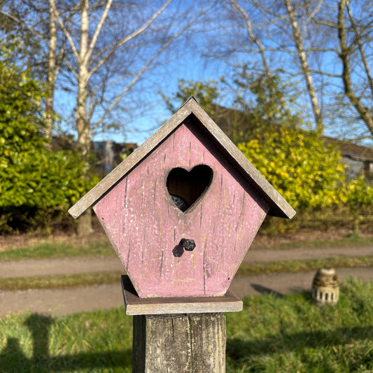 Pink Wooden Birdhouse with Heart Cut-Out and Weathered Finish — 19.7cm