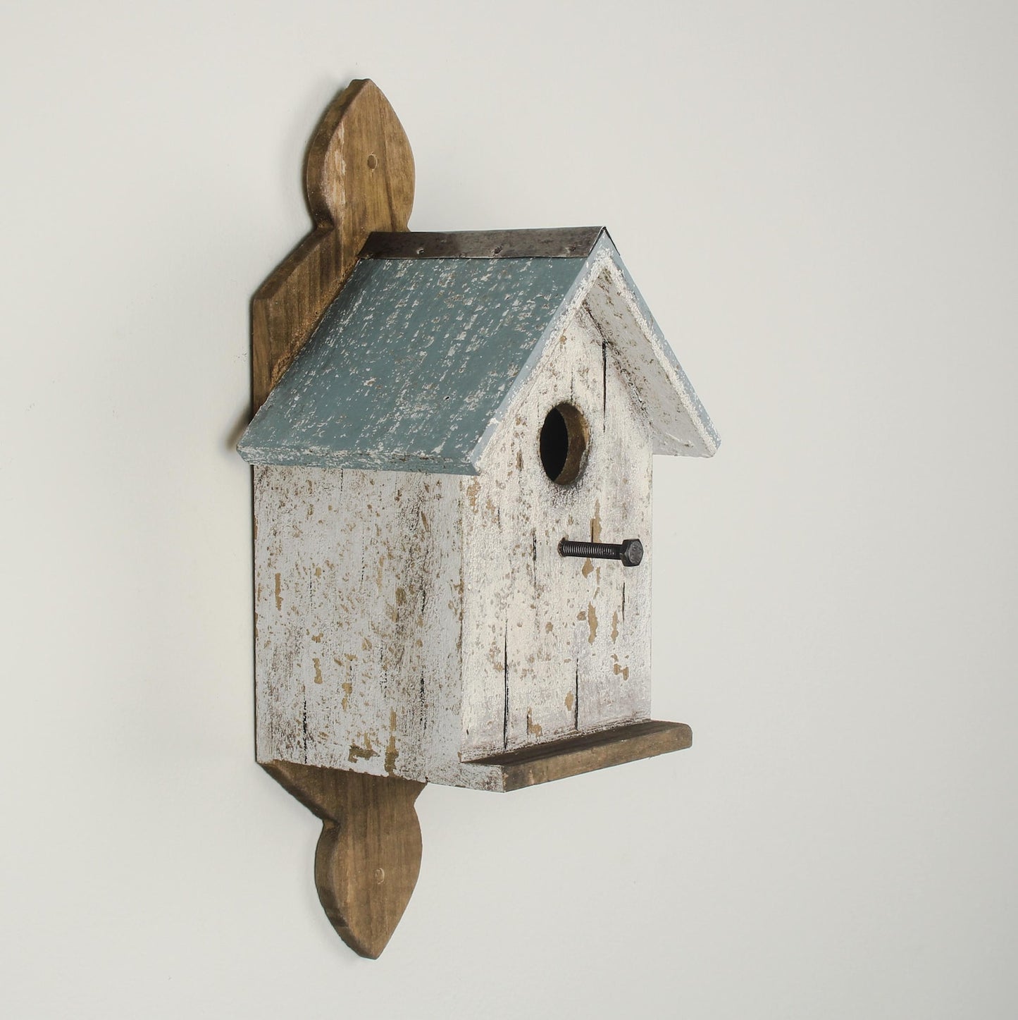 White Wooden Birdhouse on Decorative Plaque with Blue Roof — 35cm