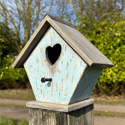Light Blue Wooden Birdhouse with Heart Cut-Out and Weathered Finish — 19.7cm