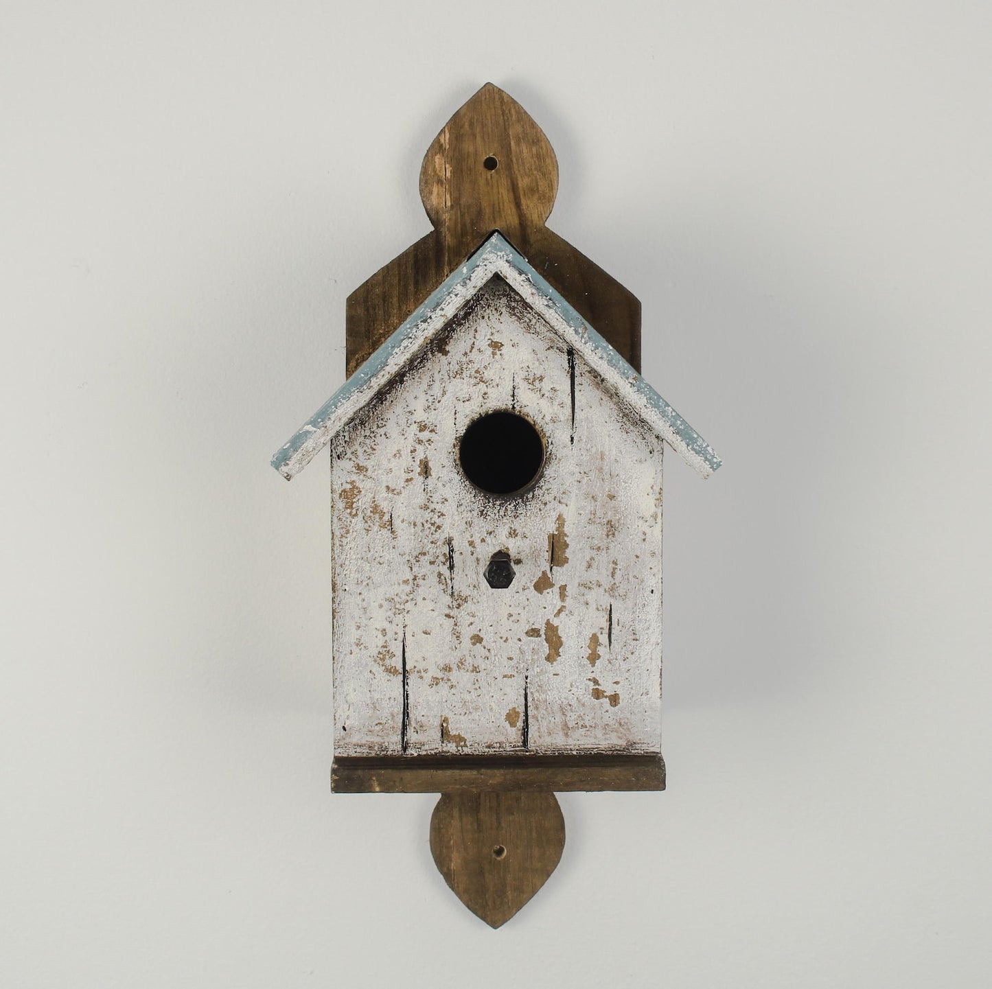 White Wooden Birdhouse on Decorative Plaque with Blue Roof — 35cm