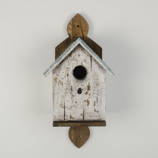 White Wooden Birdhouse on Decorative Plaque with Blue Roof — 35cm