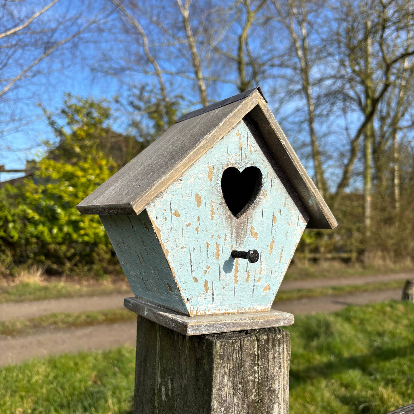 Light Blue Wooden Birdhouse with Heart Cut-Out and Weathered Finish — 19.7cm
