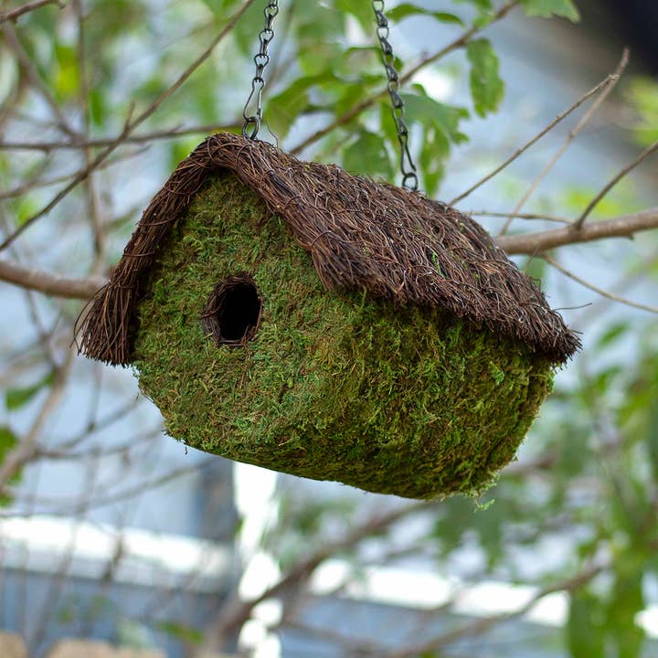 Woven Moss Bird House with Sloped Twig Roof — Green