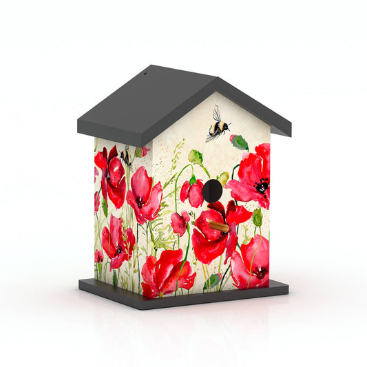Poppy and Bee Print Wooden Birdhouse - Outdoor Garden Bird House