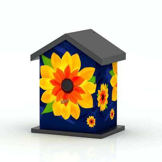 Painted Wooden Bird House with Sunflower Print — Navy Blue