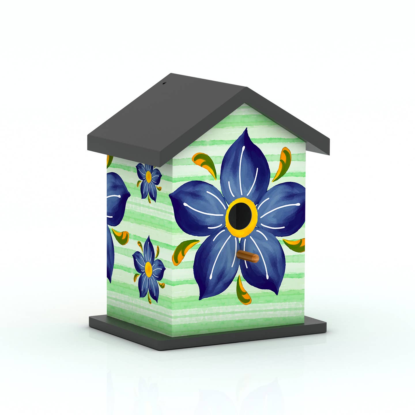 Painted Wooden Bird House with Blue Flower Print — Green