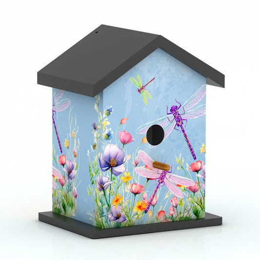 Painted Wooden Bird House with Dragonfly Print — Blue