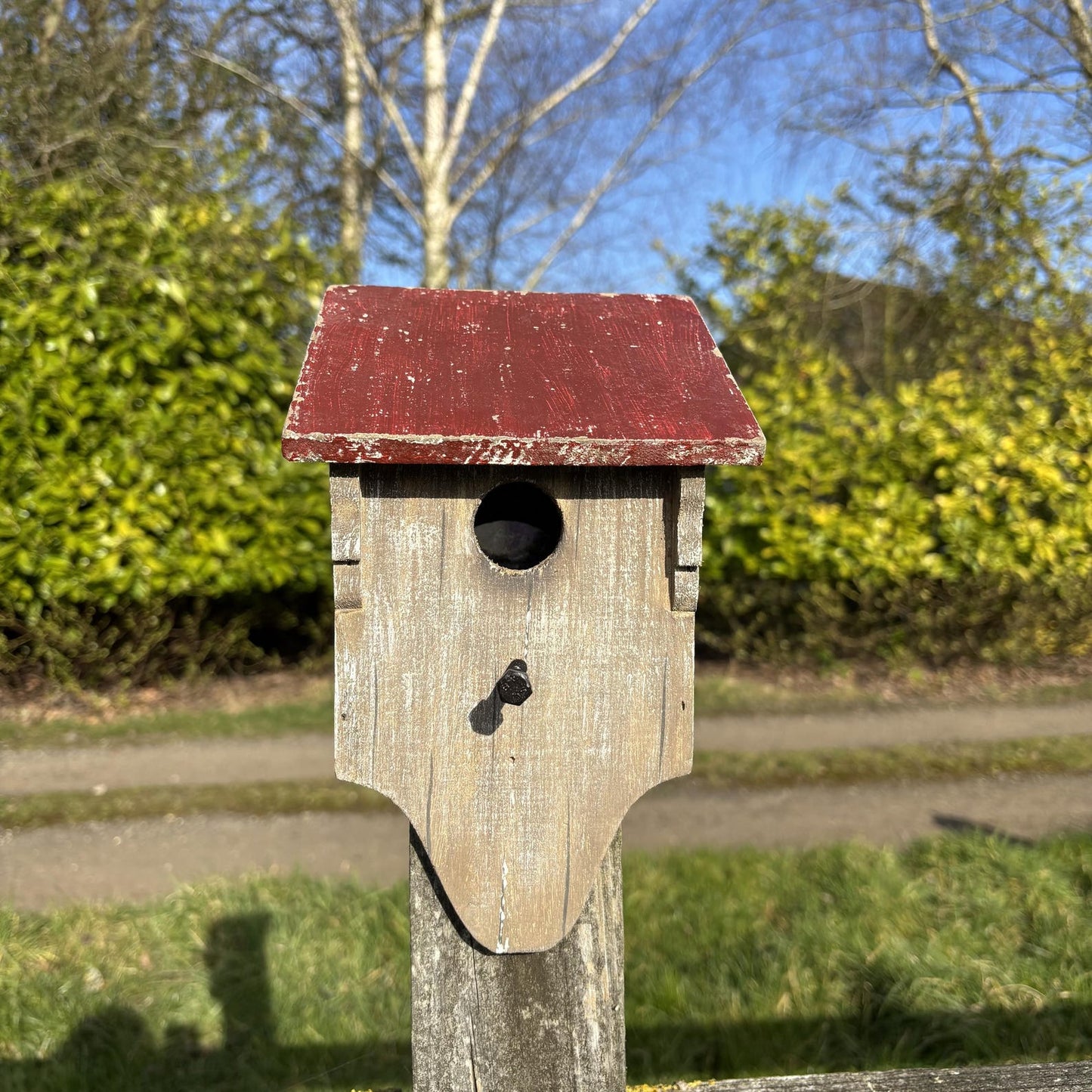 Red Roof Wooden Birdhouse with Weathered Finish — 24cm