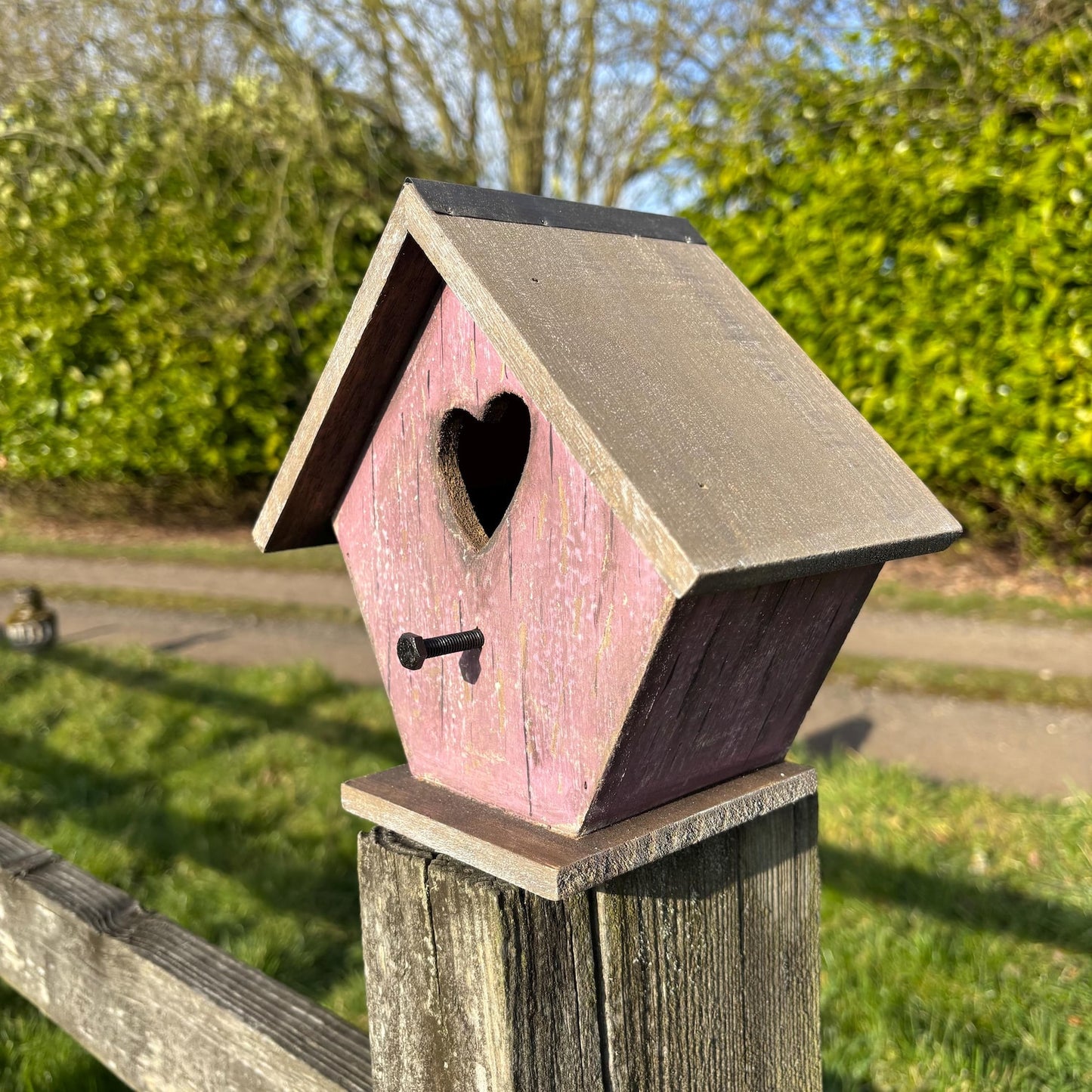 Pink Wooden Birdhouse with Heart Cut-Out and Weathered Finish — 19.7cm