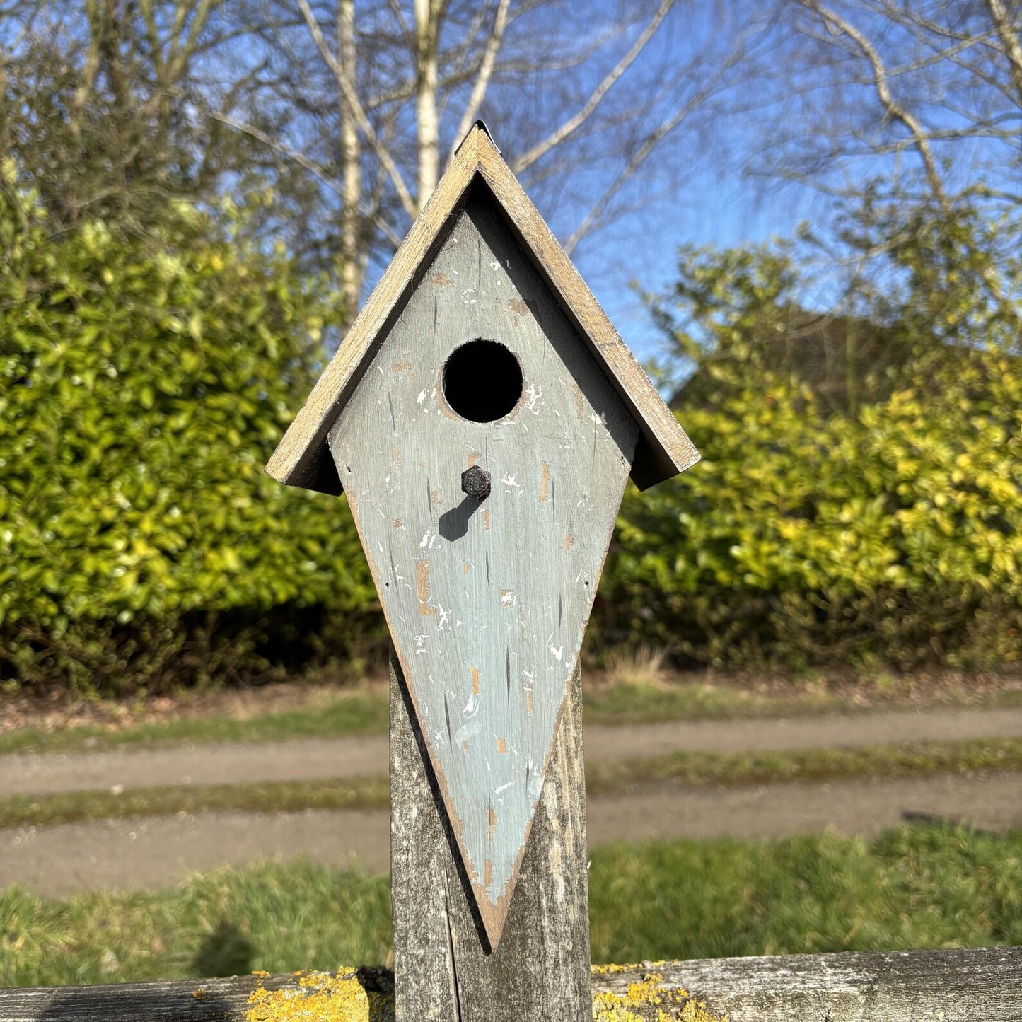 Blue Diamond-Shaped Wooden Birdhouse with Natural Roof — 30cm