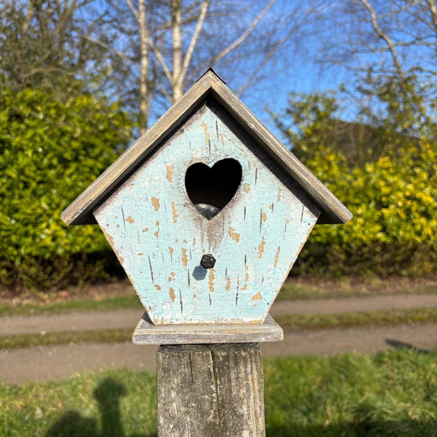 Light Blue Wooden Birdhouse with Heart Cut-Out and Weathered Finish — 19.7cm