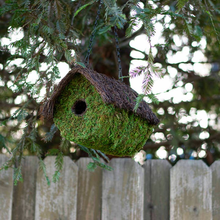 Woven Moss Bird House with Sloped Twig Roof — Green