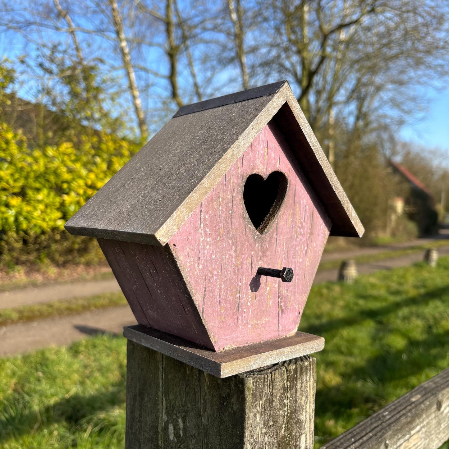 Pink Wooden Birdhouse with Heart Cut-Out and Weathered Finish — 19.7cm