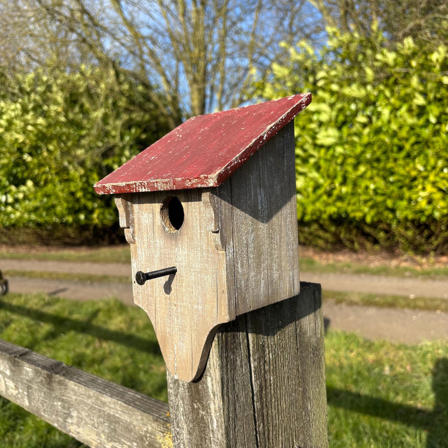 Red Roof Wooden Birdhouse with Weathered Finish — 24cm