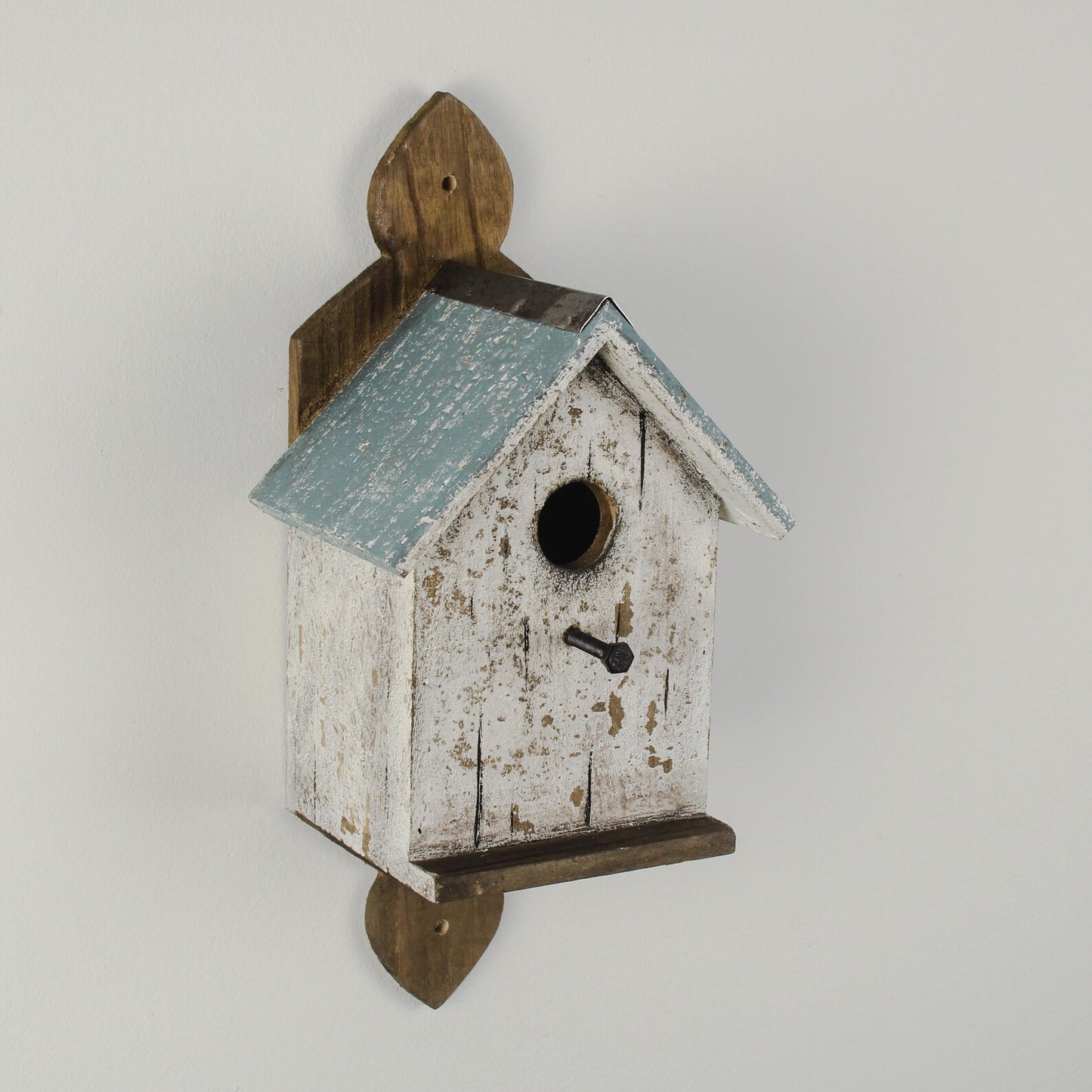White Wooden Birdhouse on Decorative Plaque with Blue Roof — 35cm