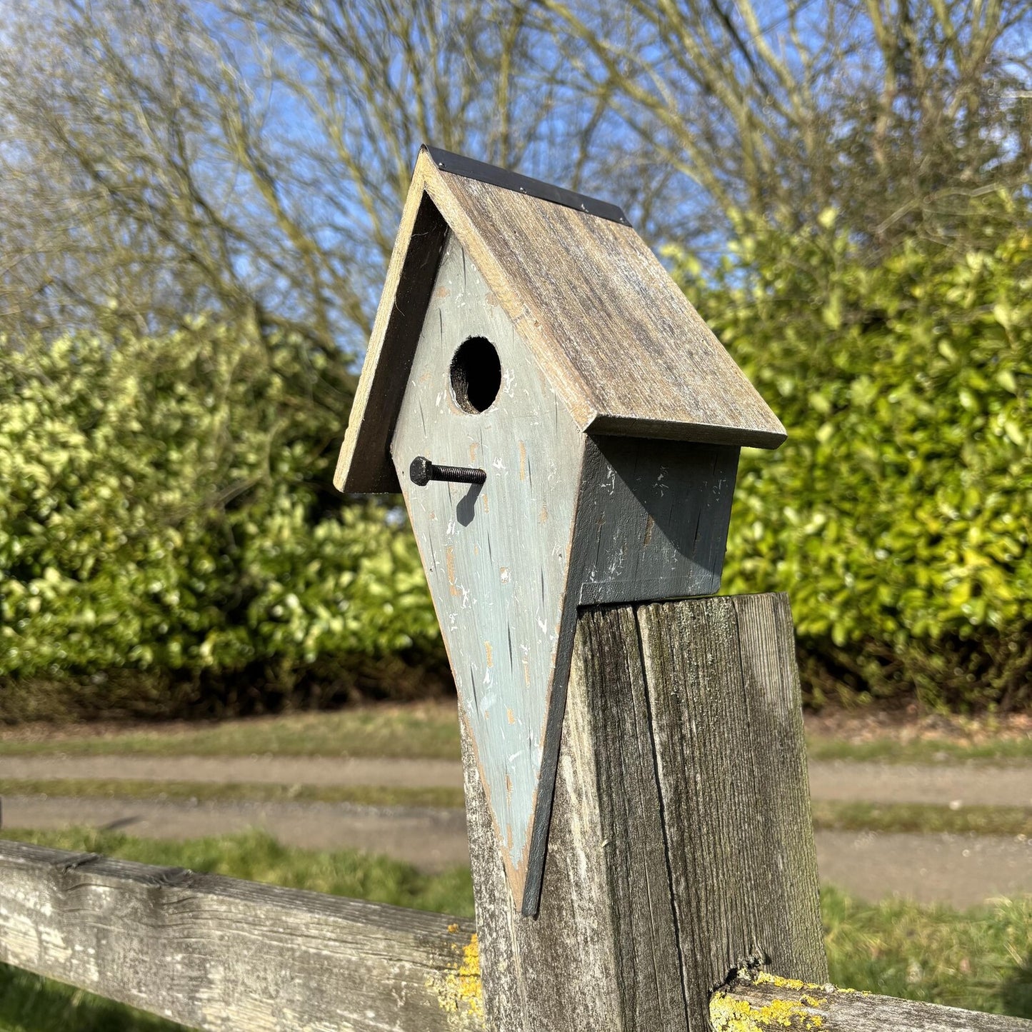 Blue Diamond-Shaped Wooden Birdhouse with Natural Roof — 30cm